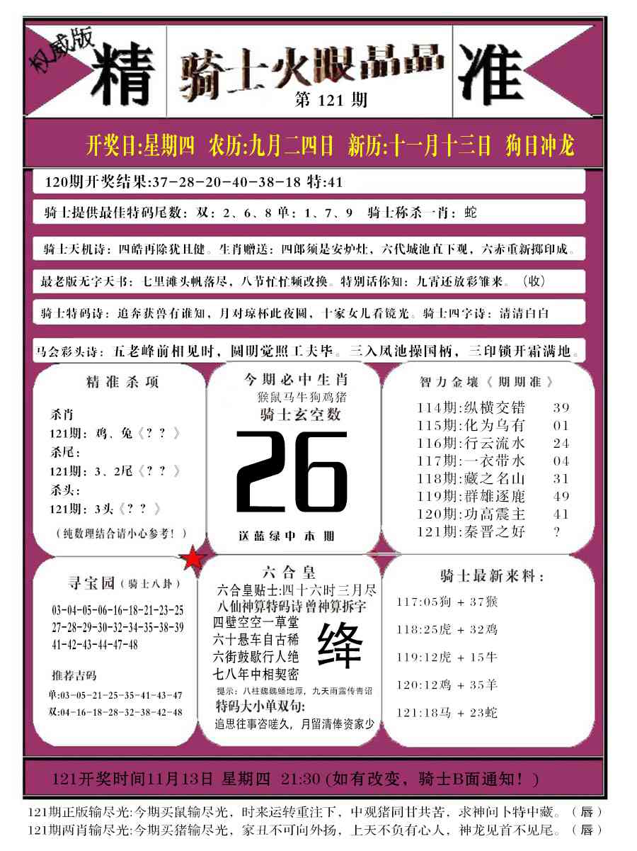 六合彩121期骑士火眼晶晶b