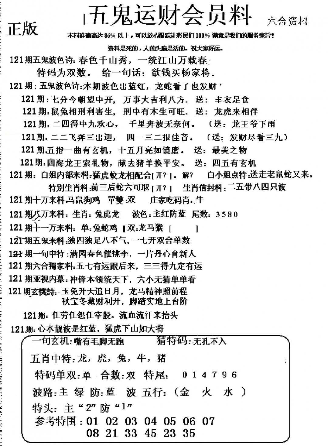 六合彩121期五鬼运财会员料