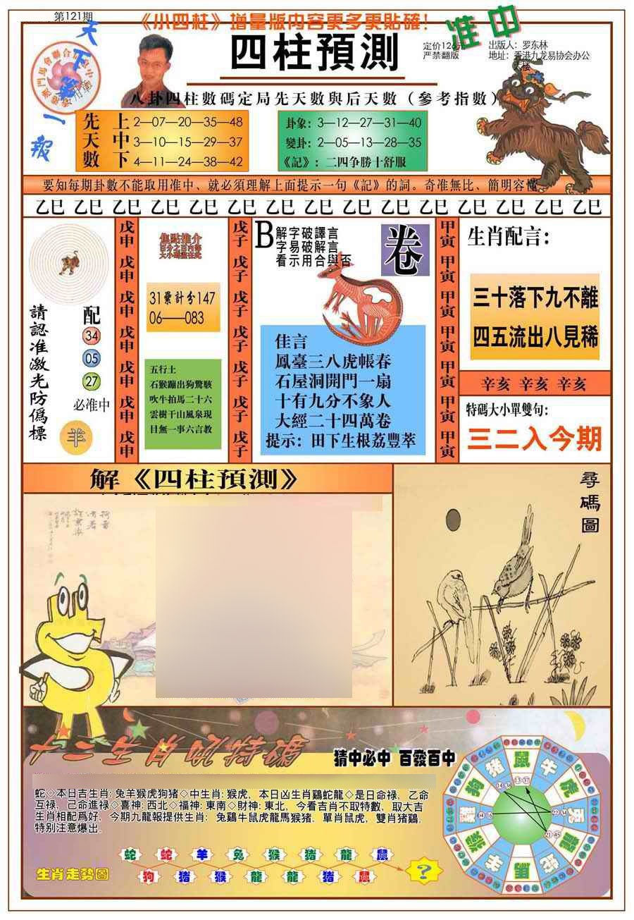 六合彩121期(新版)四柱预测A