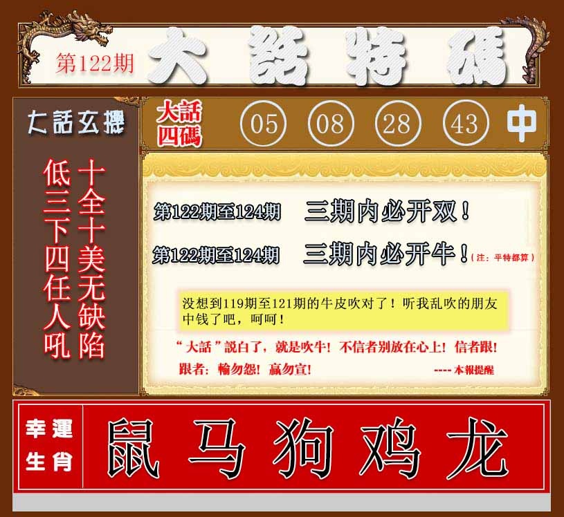 六合彩122期大话特码