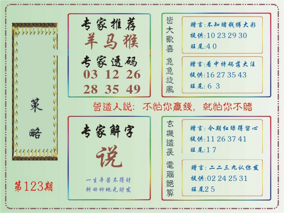 六合彩123期马经策略