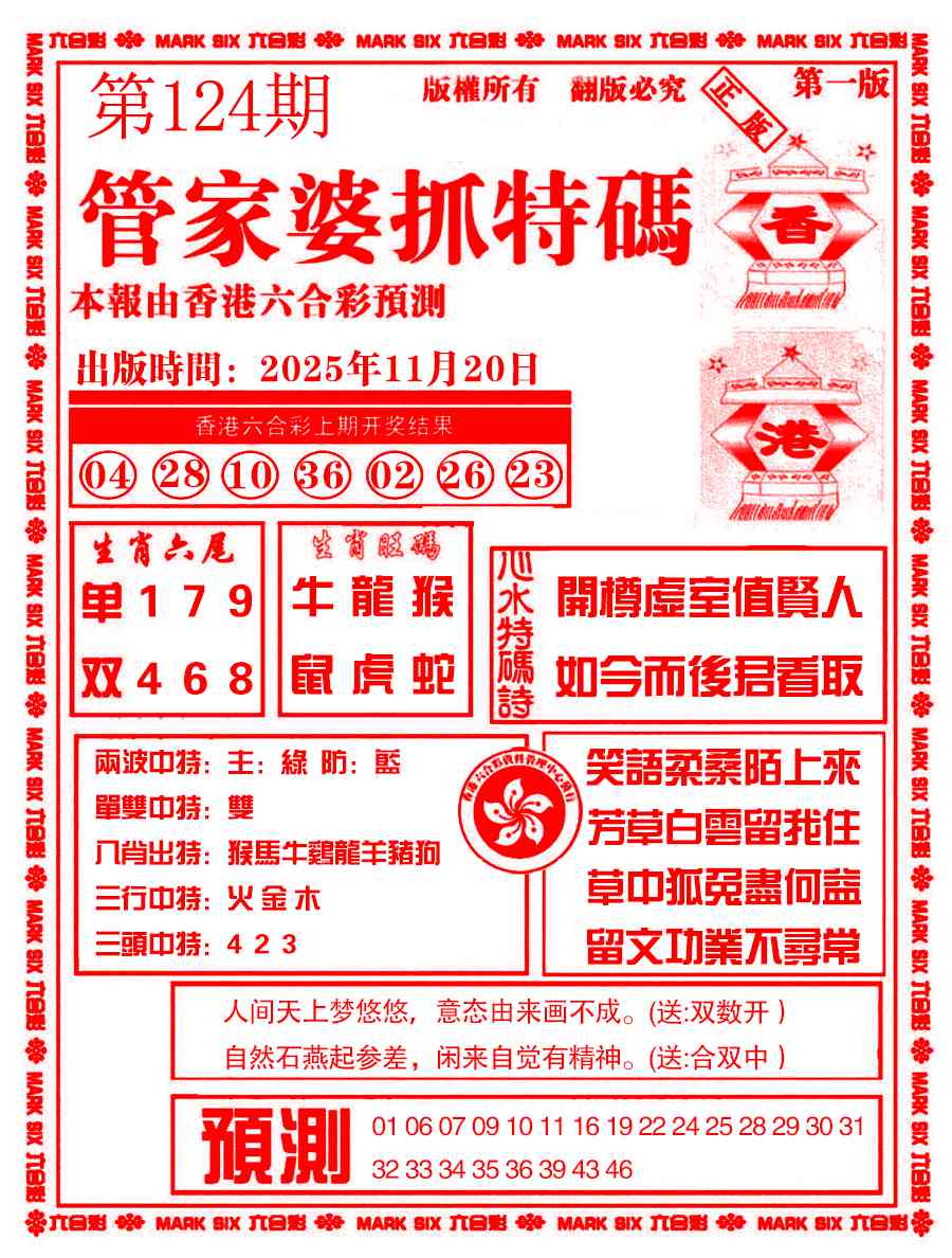 六合彩124期管家婆抓特码A