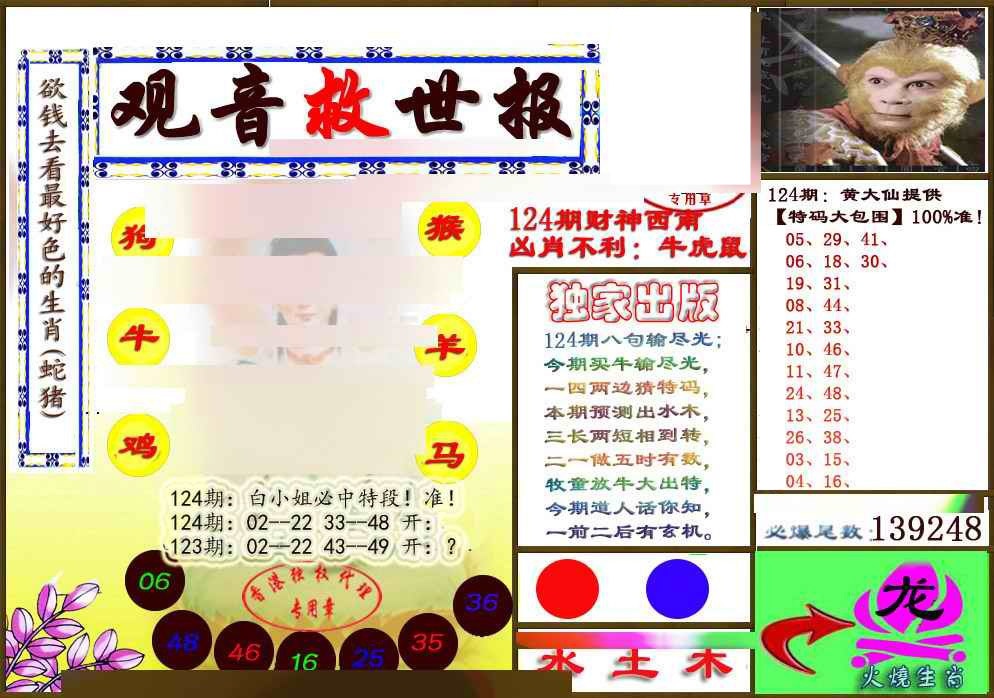 六合彩124期(另版)观音救世密报