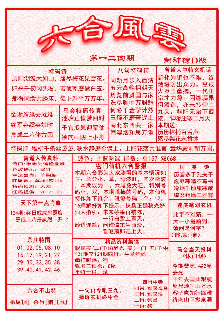六合彩124期六合风云A面