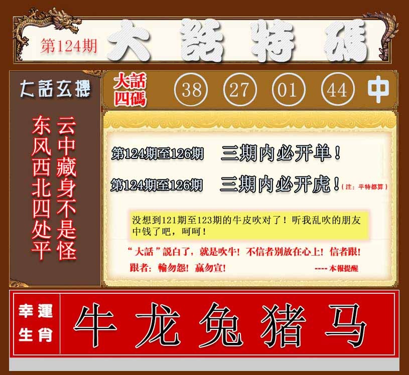 六合彩124期大话特码