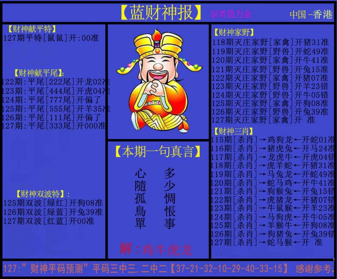 六合彩127期蓝财神