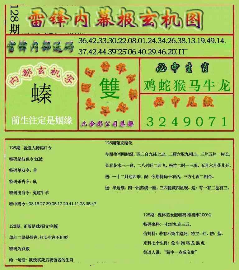 六合彩128期雷锋玄机报(新上市)