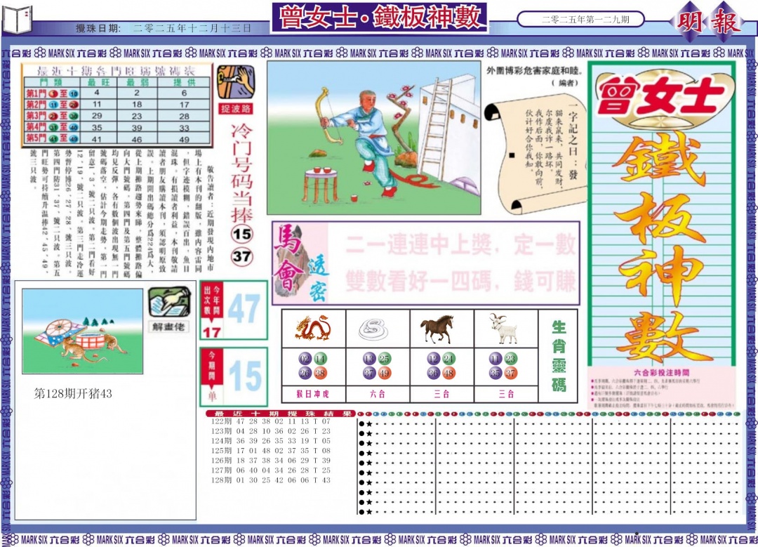 六合彩129期曾女士铁板神数A