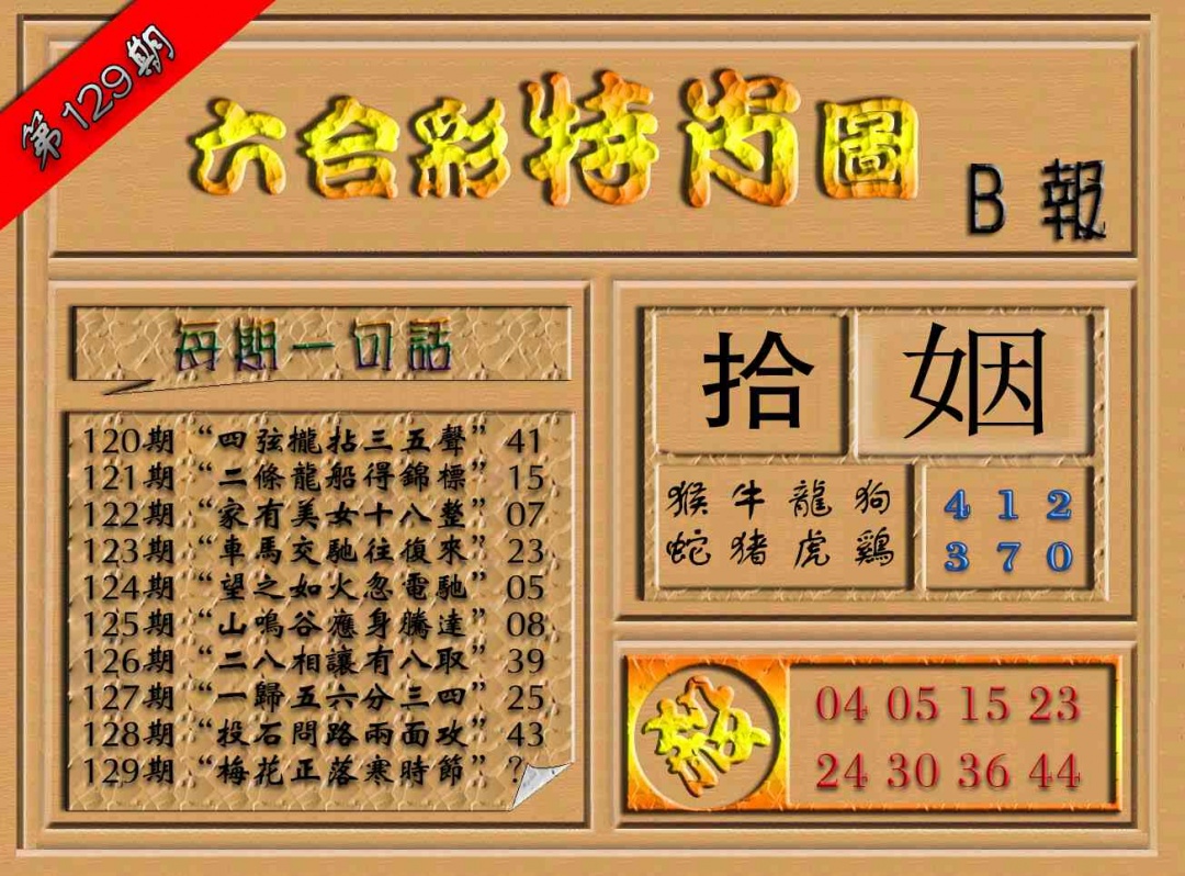 六合彩129期六合彩特肖图（B报）