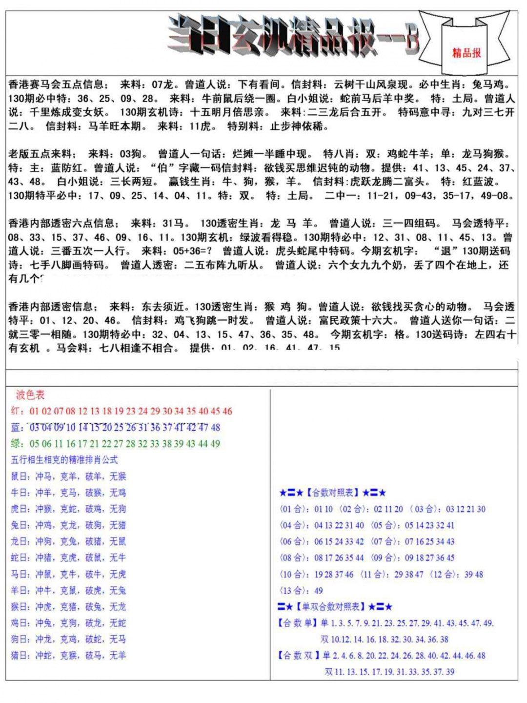 六合彩130期当日玄机精品报B