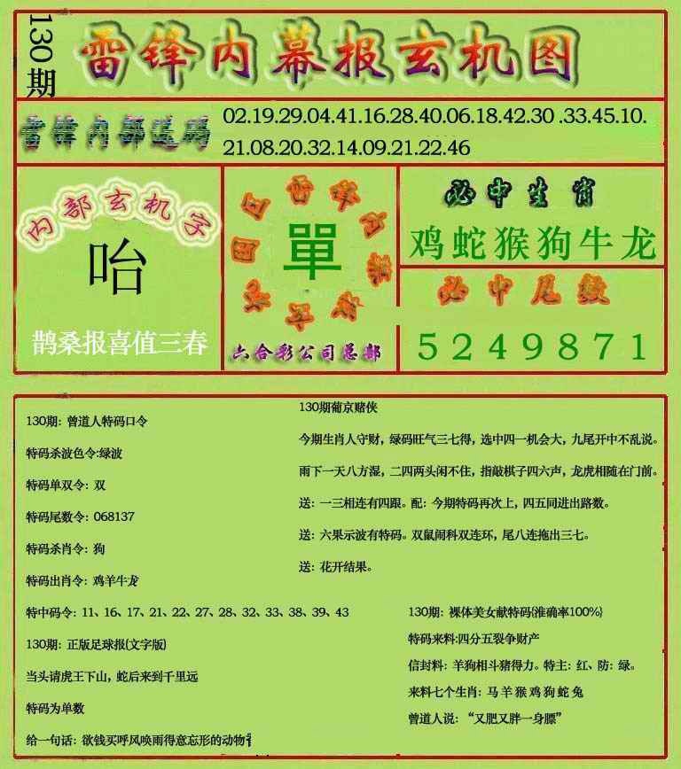 六合彩130期雷锋玄机报(新上市)