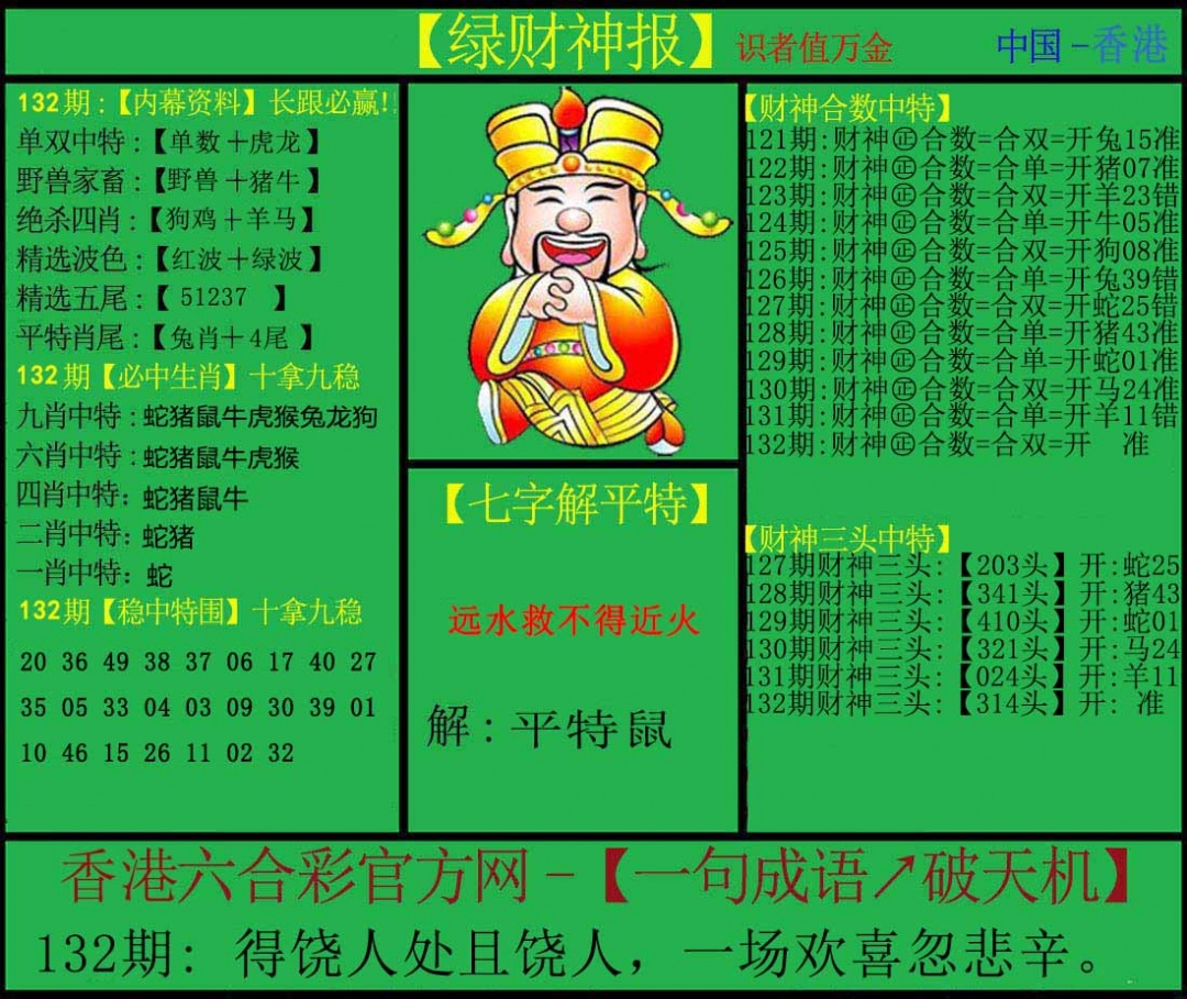 六合彩132期绿财神