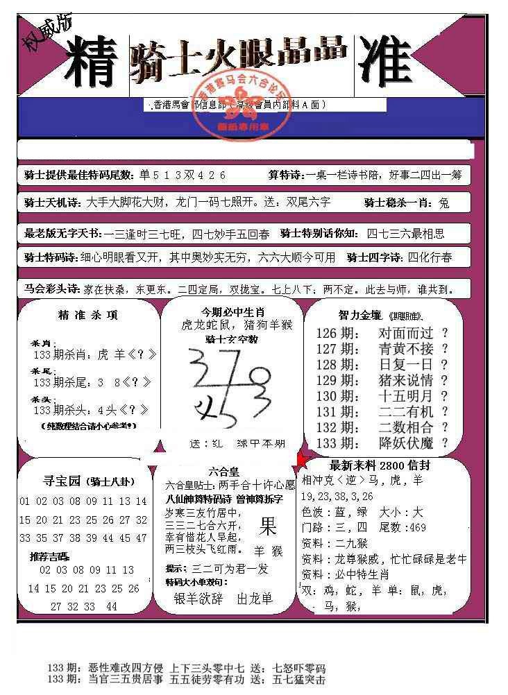 六合彩133期骑士火眼晶晶（正）