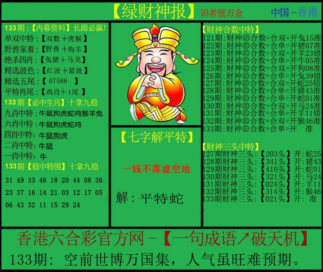 六合彩133期绿财神