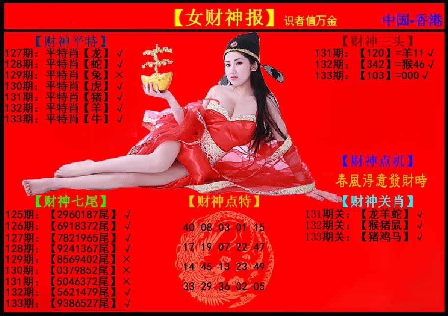 六合彩133期女财神报