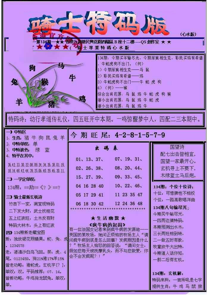 六合彩134期另骑士特码版