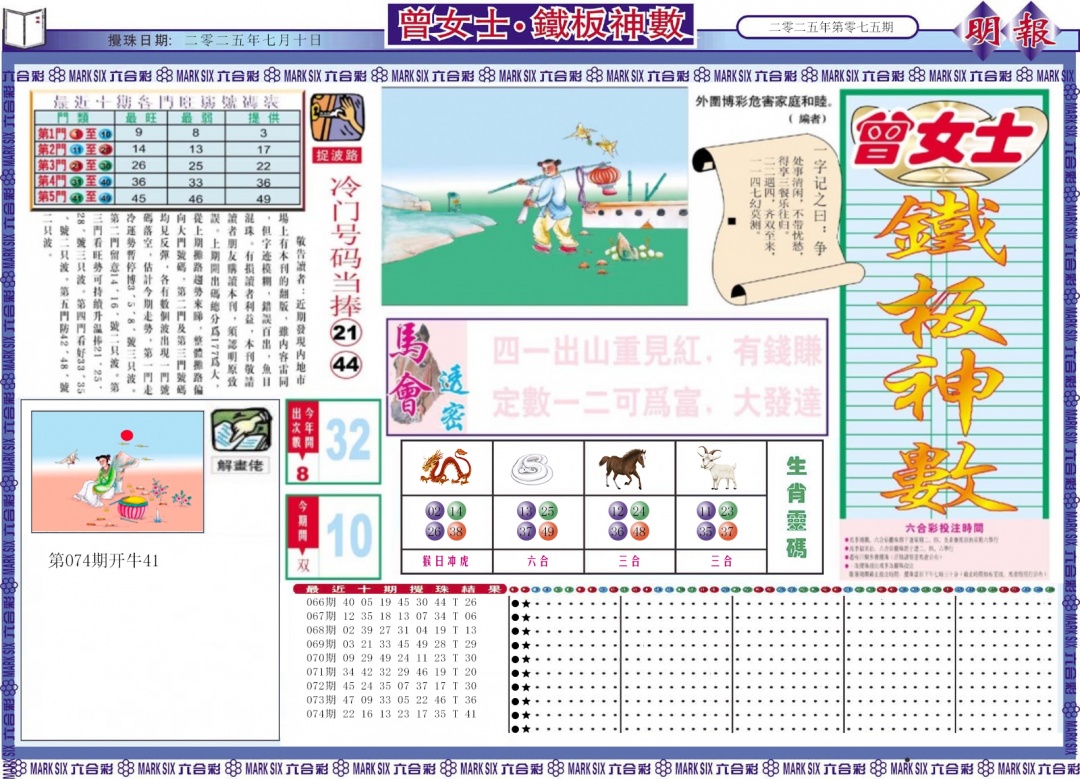 六合彩075期曾女士铁板神数A