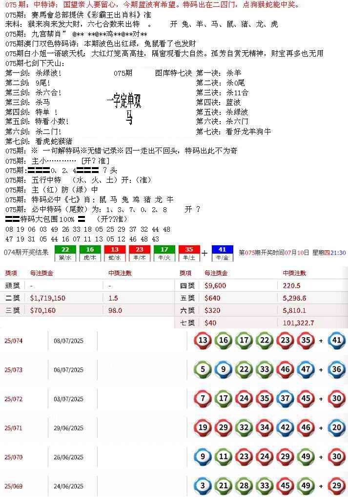 六合彩075期特新五鬼B