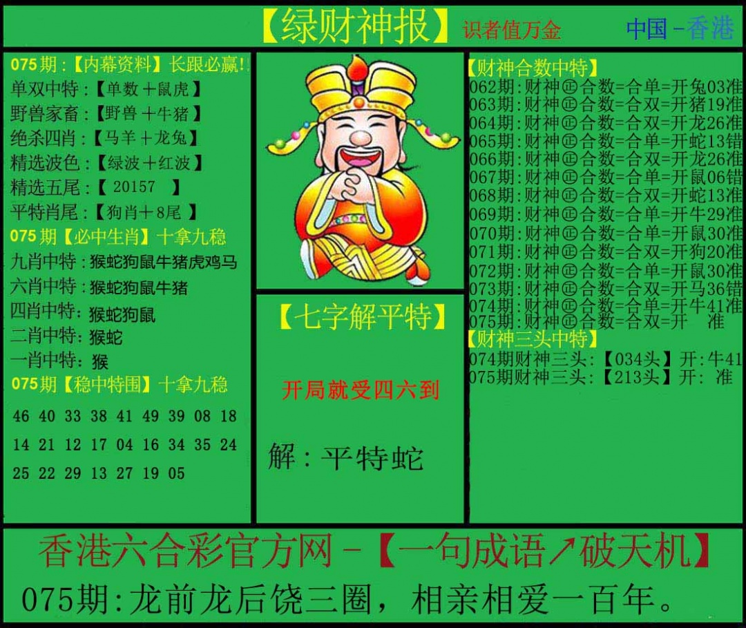 六合彩075期绿财神
