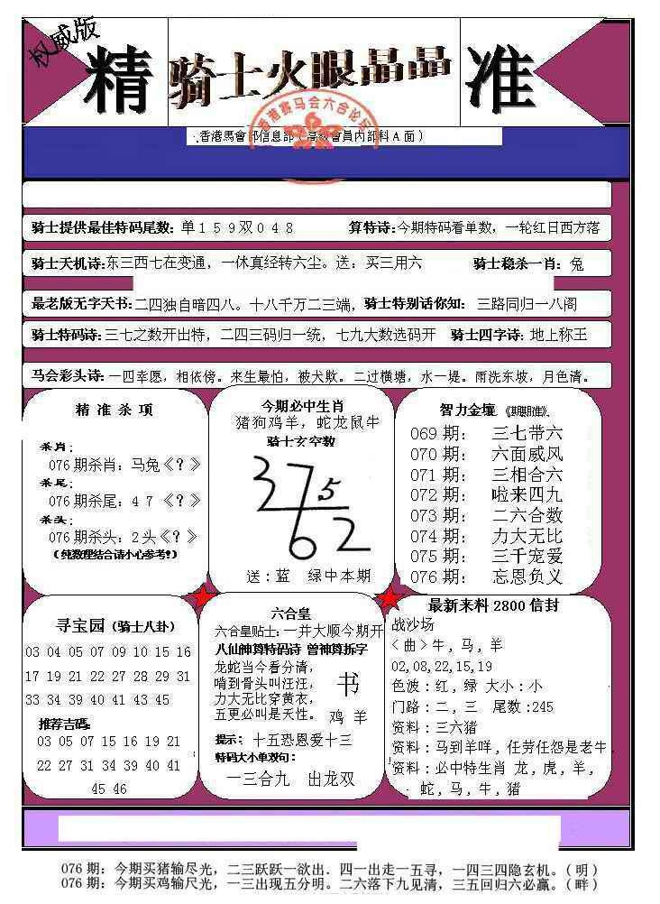 六合彩076期骑士火眼晶晶（正）