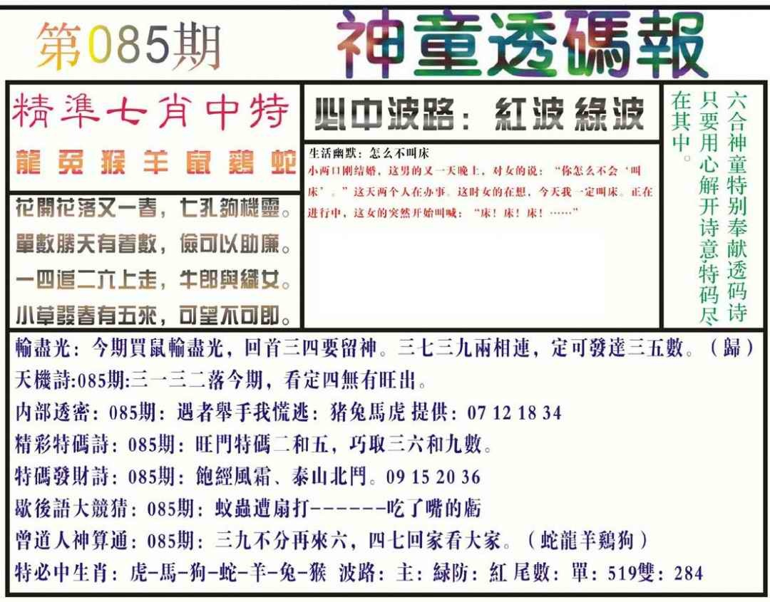 六合彩085期神童透码报(正版)