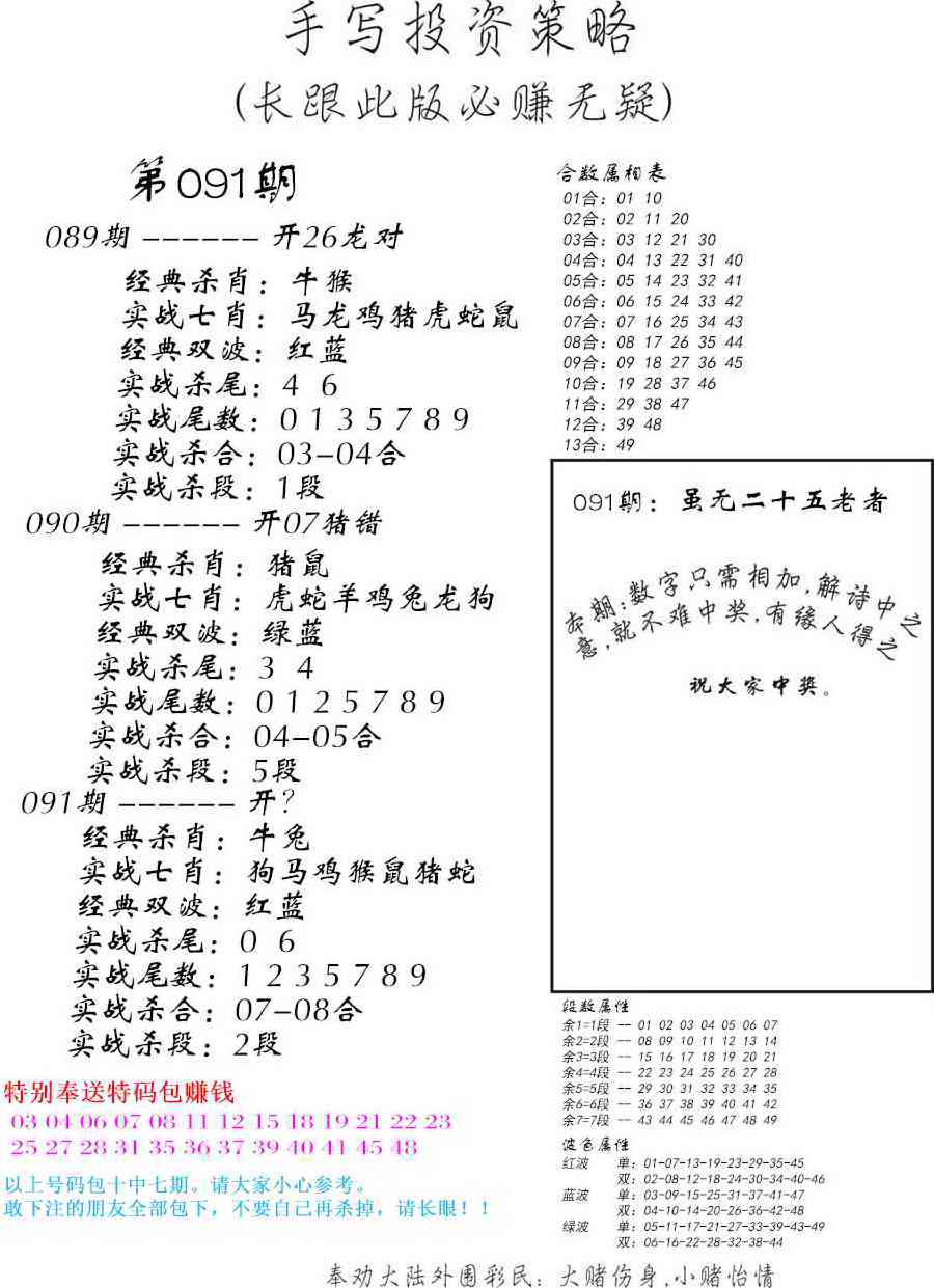 六合彩091期手写投资策略