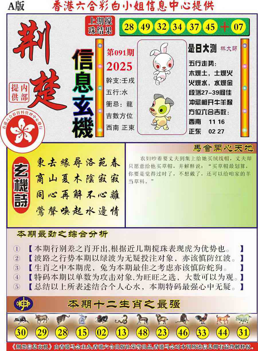 六合彩091期荆楚信息玄机A