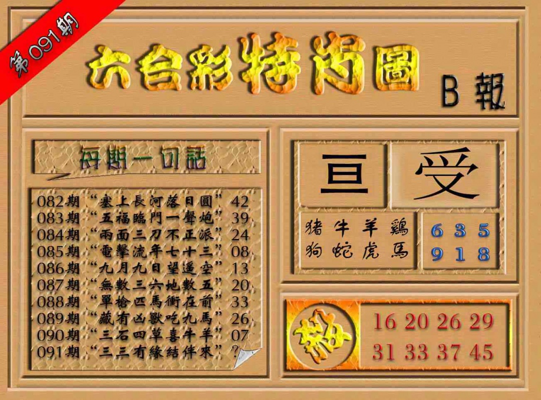 六合彩091期六合彩特肖图（B报）