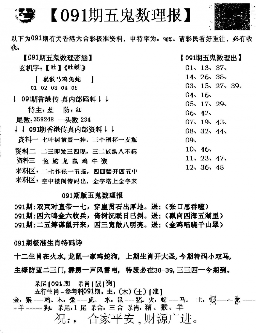 六合彩091期五鬼数理报