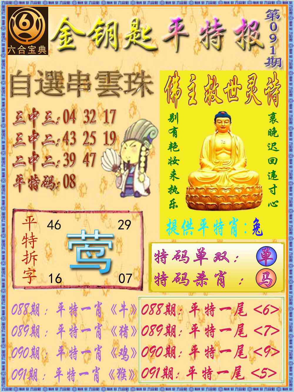 六合彩091期金钥匙平特报