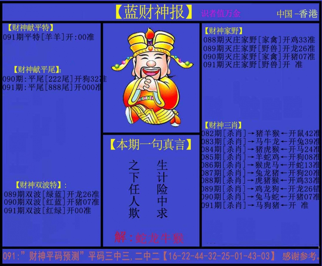 六合彩091期蓝财神
