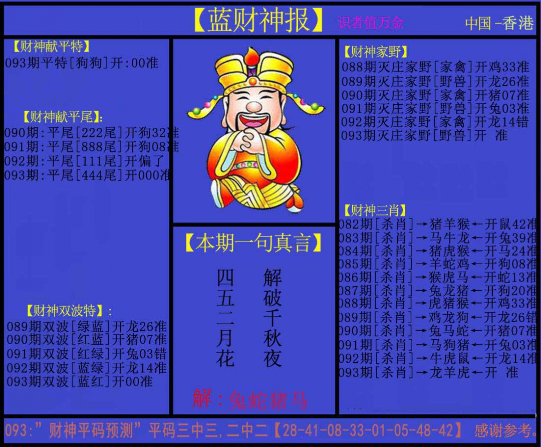 六合彩093期蓝财神