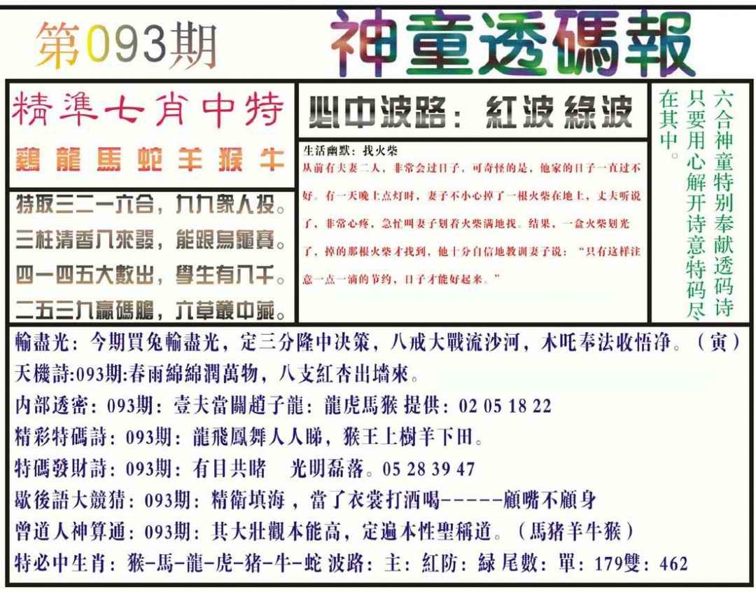 六合彩093期神童透码报(正版)