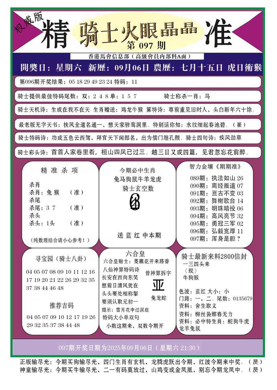 六合彩097期骑士火眼晶晶a