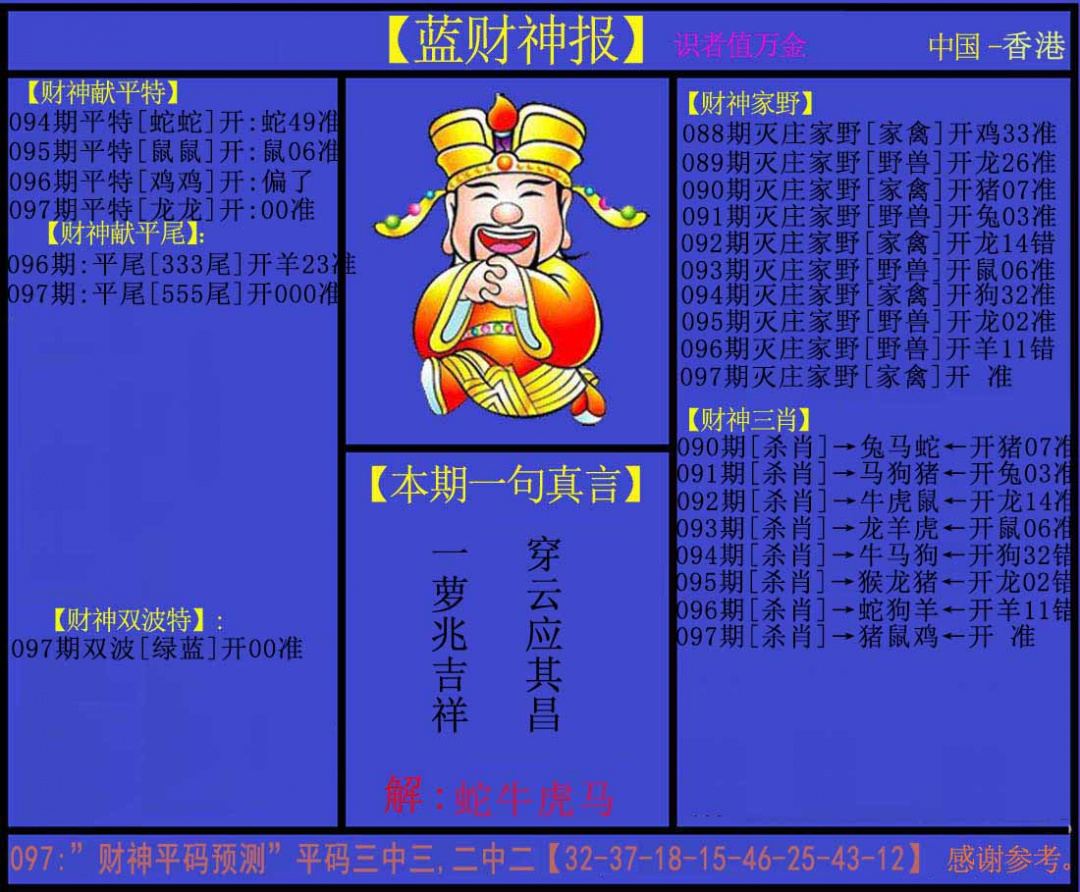 六合彩097期蓝财神