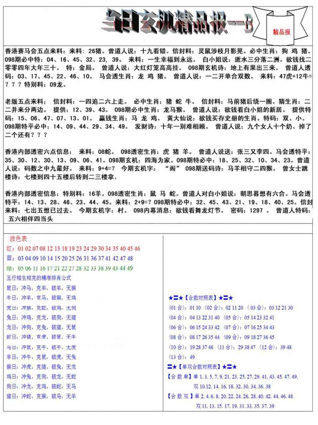 六合彩098期当日玄机精品报B