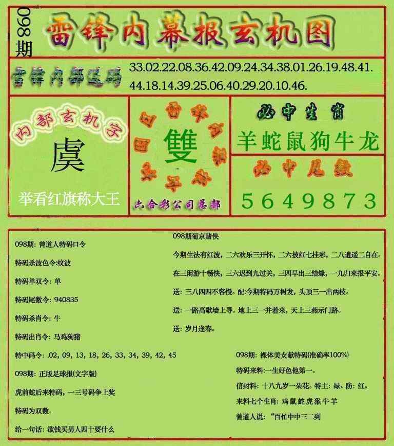 六合彩098期雷锋玄机报(新上市)