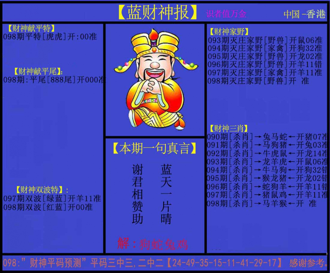 六合彩098期蓝财神