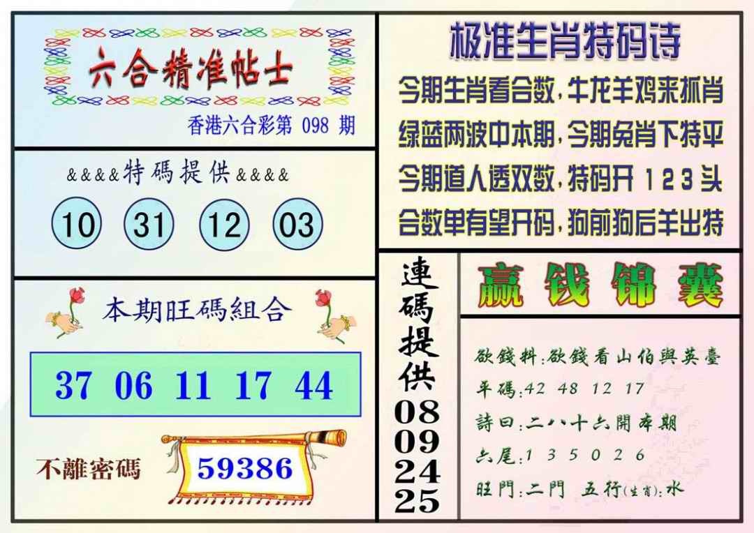 六合彩098期精准贴士