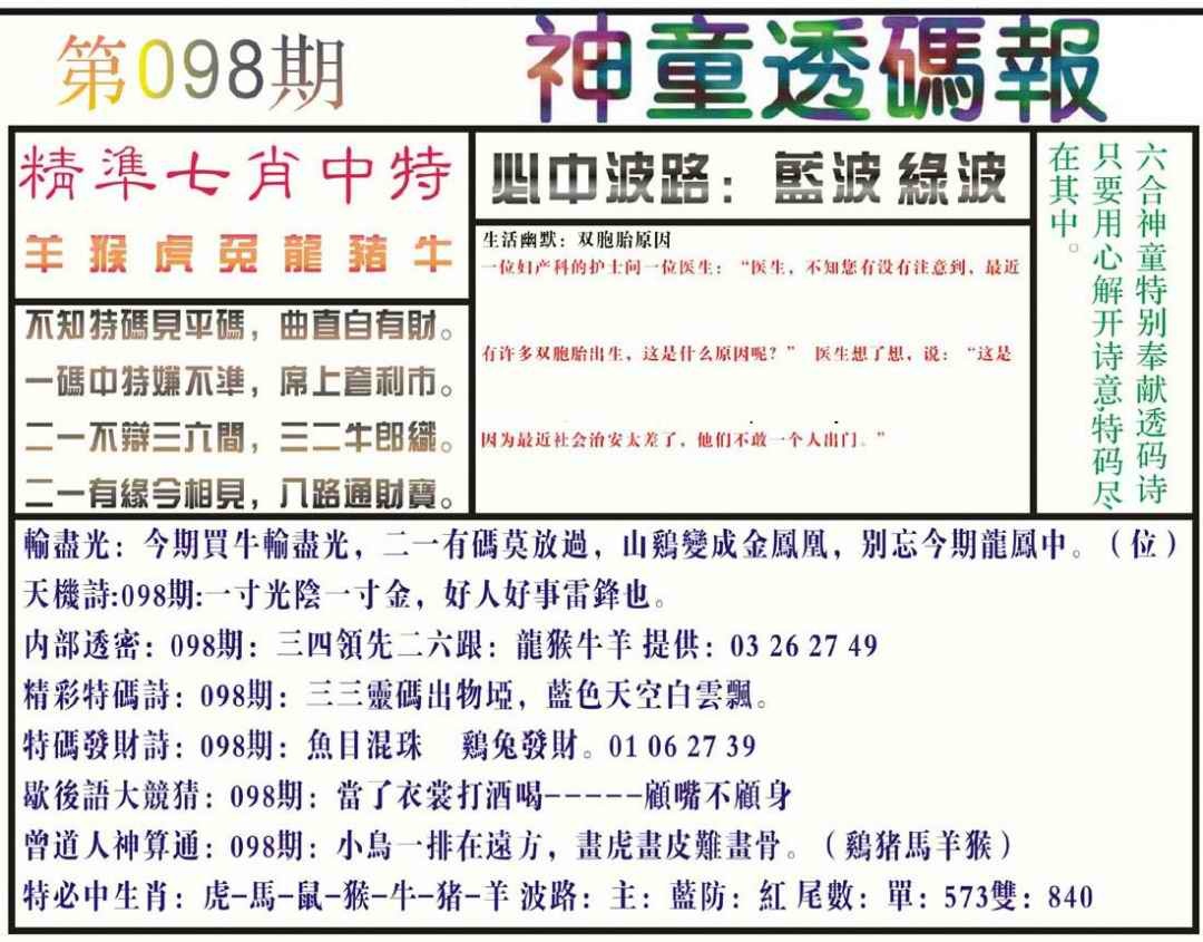 六合彩098期神童透码报(正版)